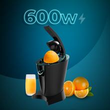 EssentialVita Hyden 600 Elektrischer Arm-Entsafter für Orangen und Zitrusfrüchte mit 600 W Leistung, Fruchtfleischregulierungsfilter, einem zweiten Edelstahlfilter und zwei abnehmbaren Edelstahlkegeln unterschiedlicher Größe.