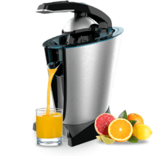 EssentialVita Hyden 600 Steel Presse-agrumes électrique à bras en acier inoxydable pour oranges et agrumes d'une puissance de 600 W, filtre en acier inoxydable et deux cônes amovibles en plastique de différentes tailles.