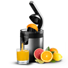 Xqueeze RetroJuice 600 Steel Espremedor elétrico de braço retrô para laranjas e frutas cítricas com 600 W de potência, filtro em aço inox, cone de plástico, alavanca para extração da polpa e sistema anti-gotejamento.