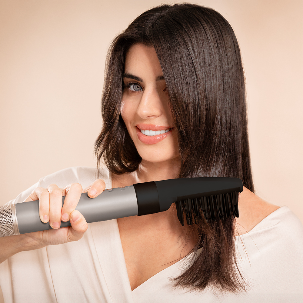 Bamba CeramicCare AirGlam Y Cepillo de aire moldeador de pelo, secador, alisador y rizador multifunción 8 en 1 con tecnología Coanda que moldea, riza, peina, seca y elimina el efecto frizz. Con 3 velocidades, 3 temperaturas, y control inteligente del calor. Motor digital 1400 W de potencia y 110000 rpm.