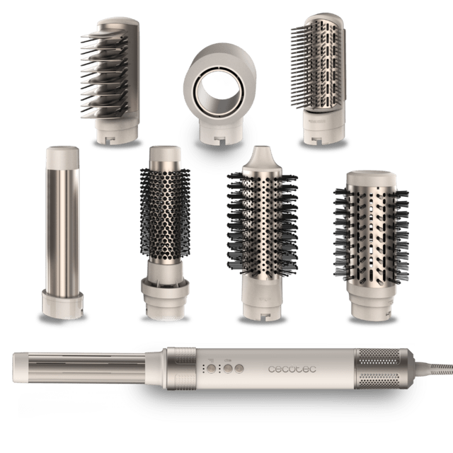 Cepillo de aire CECOTEC Bamba CeramicCare AirGlam Champagne 8 en 1 03465 con todos sus cabezales