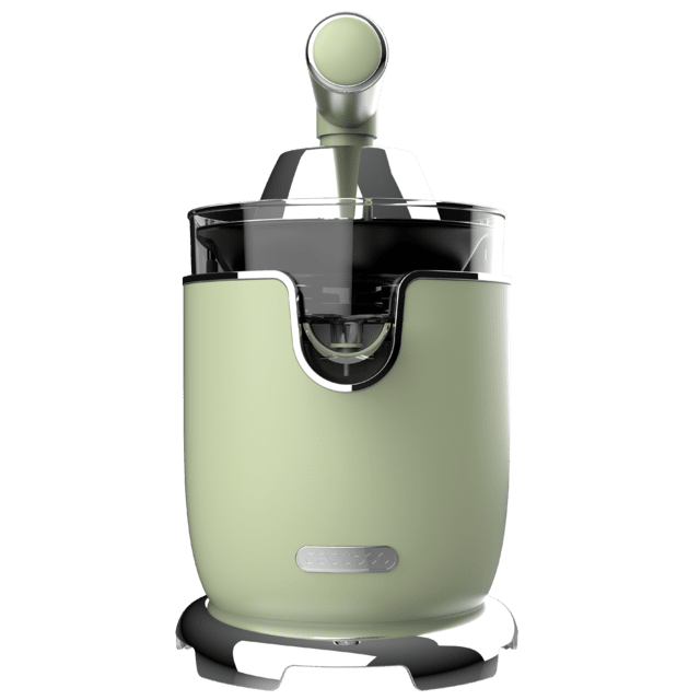 Xqueeze RetroJuice 1000 Green Spremiagrumi elettrico per arance e agrumi con 1000 W di potenza, filtro in acciaio inossidabile e due coni smontabili di diverse dimensioni, il più grande in acciaio inox e il secondo in plastica. Leva per estrarre la polpa e sistema antigoccia.