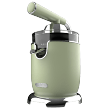 Xqueeze RetroJuice 1000 Green Exprimidor eléctrico de brazo para naranjas y cítricos con 1000 W de potencia, filtro de acero inoxidable y dos conos desmontables de diferente tamaño, el grande de acero inoxidable y el pequeño de plástico. Palanca para extraer la pulpa y sistema antigoteo.
