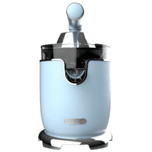 Xqueeze RetroJuice 1000 Blue Exprimidor eléctrico de brazo para naranjas y cítricos con 1000 W de potencia, filtro de acero inoxidable y dos conos desmontables de diferente tamaño, el grande de acero inoxidable y el pequeño de plástico. Palanca para extraer la pulpa y sistema antigoteo.