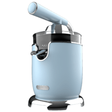 Xqueeze RetroJuice 1000 Blue Exprimidor eléctrico de brazo para naranjas y cítricos con 1000 W de potencia, filtro de acero inoxidable y dos conos desmontables de diferente tamaño, el grande de acero inoxidable y el pequeño de plástico. Palanca para extraer la pulpa y sistema antigoteo.