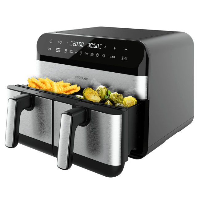 Cecofry Advance 9000 Inox Freidora de aire digital de 9 L de capacidad y 2800 W de potencia, acabados con acero inoxidable y con dos cestillos con temperatura dual