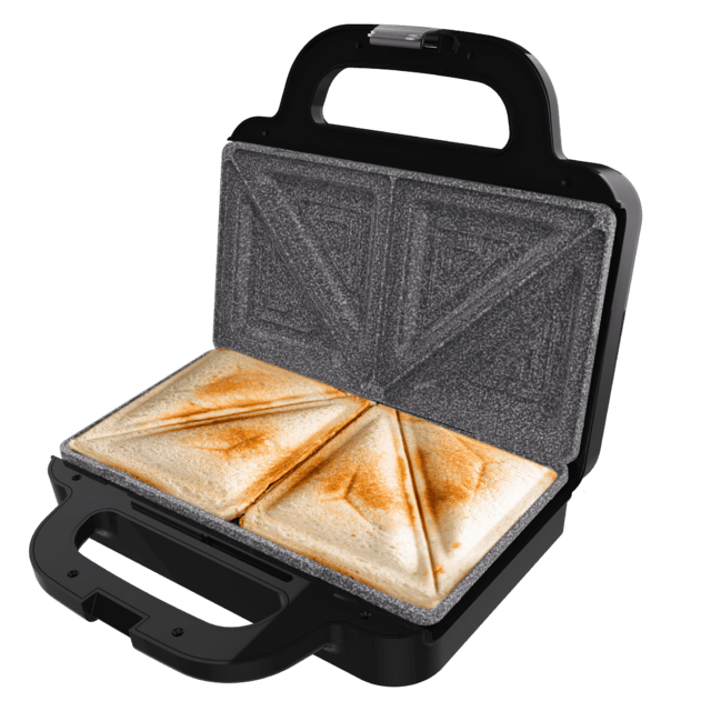 Machine à sandwich Rock'nToast Deep Classic avec une capacité de deux sandwichs avec des garnitures généreuses et des assiettes à sandwich triangulaires.