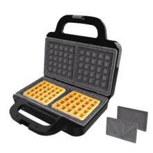 Sandwichera con capacidad para dos sandwiches con rellenos generosos y 3 pares de placas desmontables.
