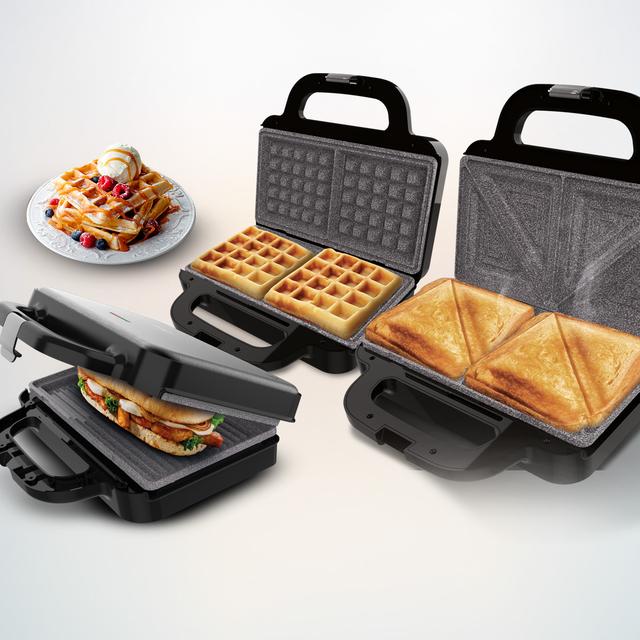 Rock'nToast Deep 3in1 Sandwichera grill gofrera con capacidad para dos sandwiches con rellenos generosos y 3 pares de placas desmontables.