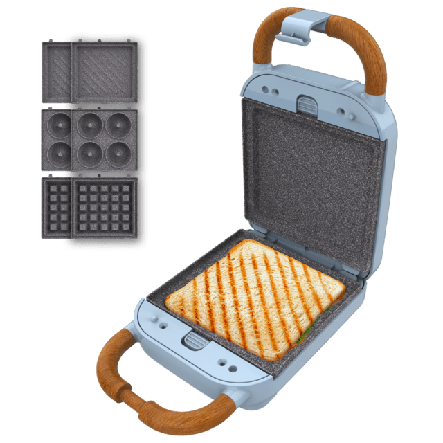 Rock'nToast Retro One Blue Sandwichera con estilo retro con capacidad para un sandwich y 3 pares de placas desmontables.