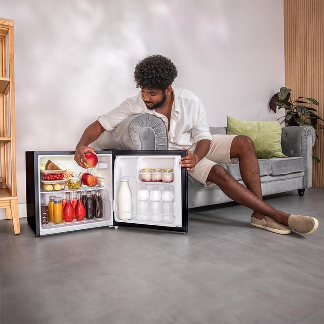 GrandCooler 20000 L SilentCompress Inox E Mini frigorifero, nero, capacità 46 litri, larghezza 48,7 cm e altezza 48 cm, sportello reversibile, funzionamento ciclico, classe energetica E