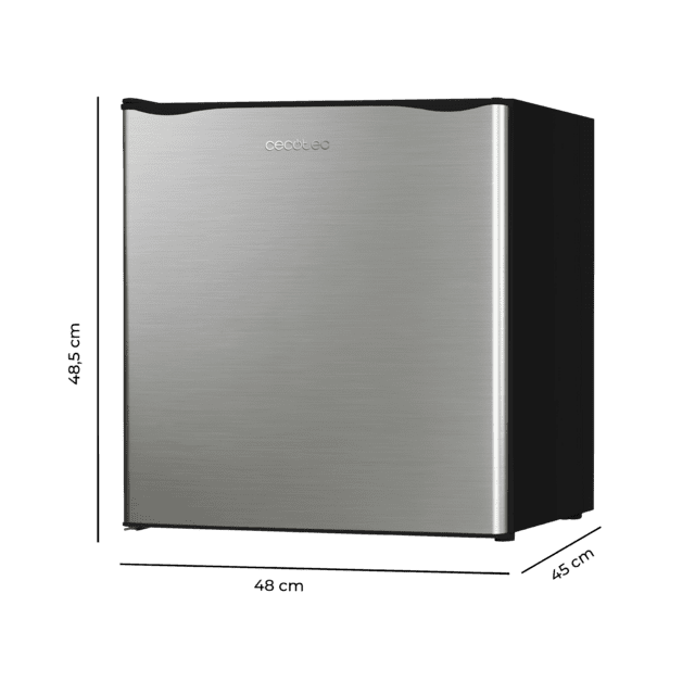 GrandCooler 20000 L SilentCompress Inox E Mini réfrigérateur noir, capacité de 46 litres, 48,7 cm de large et 48 cm de haut, porte réversible, fonctionnement cyclique, classe énergétique E