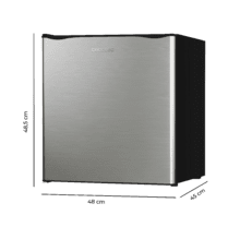 GrandCooler 20000 L SilentCompress Inox E Mini Frigorífico negro, capacidad de 46 Litros, 48,7 de ancho y 48 cm de alto, puerta reversible, funcionamiento cíclico, clase energética E