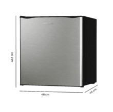 GrandCooler 20000 L SilentCompress Inox E Mini réfrigérateur noir, capacité de 46 litres, 48,7 cm de large et 48 cm de haut, porte réversible, fonctionnement cyclique, classe énergétique E