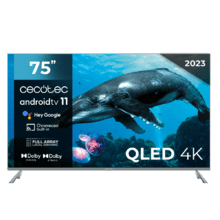TV QLED V3+ series VQU30075+ Televisión QLED de gran pulgada con 75" con resolución 4K UHD y Android TV 11, Full Array Local Dimming, 120 Hz, Dolby Vision & Atmos, Wide Colour Gammut, HDR10, HDM 2.1, USB 3.0, CORTEX A55, Google Voice Assitant y Chromecast.