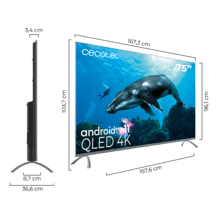 TV QLED V3+ series VQU30075+ Televisión QLED de gran pulgada con 75" con resolución 4K UHD y Android TV 11, Full Array Local Dimming, 120 Hz, Dolby Vision & Atmos, Wide Colour Gammut, HDR10, HDM 2.1, USB 3.0, CORTEX A55, Google Voice Assitant y Chromecast.