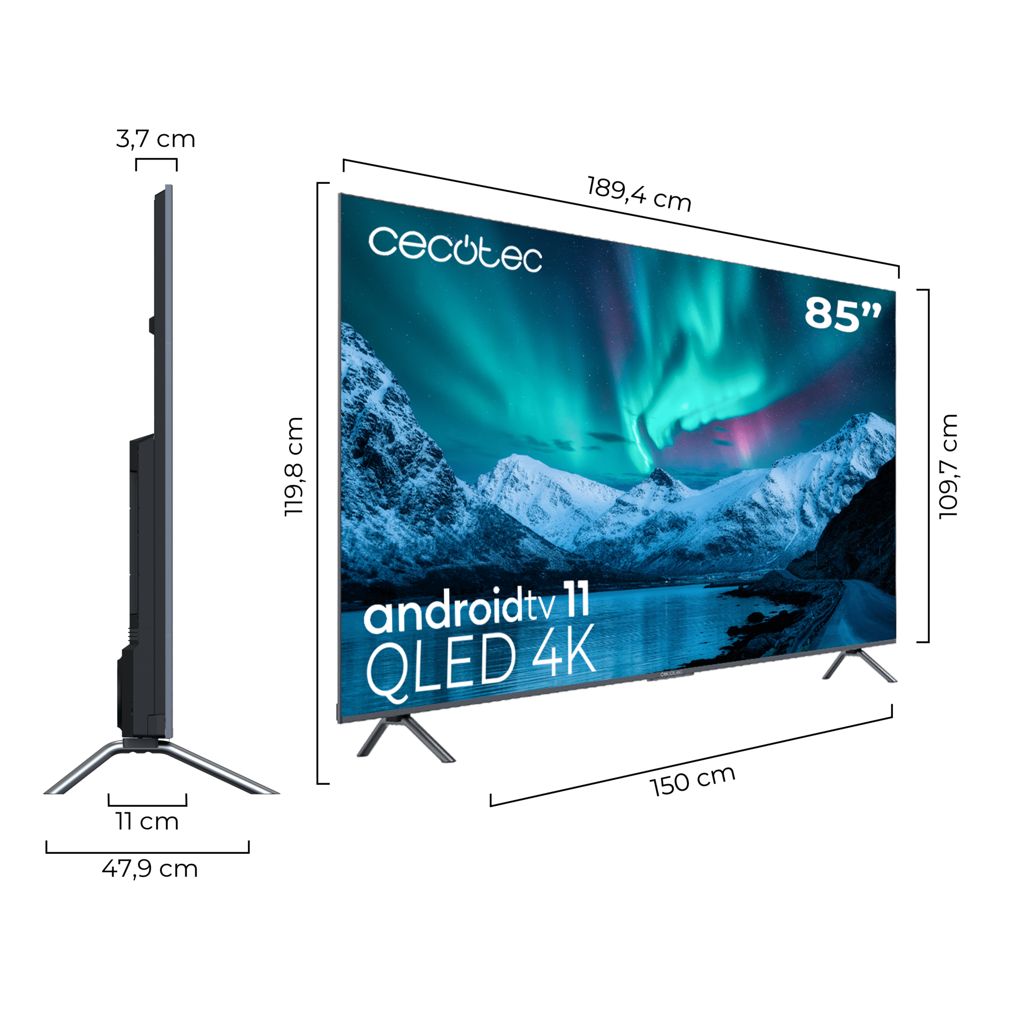 Televisor Cecotec V3 Plus 85 pulgadas con medidas y diseño