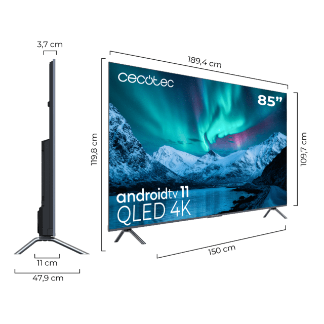 TV QLED V3+ Series VQU30085+ TV QLED de 85", grandes dimensões, resolução 4K UHD, Android TV 11, Full Array Local Dimming, 120 Hz, Altifalantes com 60 W, Dolby Vision & Atmos, Wide Colour Gamut, HDR10, HDM 2.1, USB 3.0, CORTEX A55, Google Voice Assistant e Chromecast.