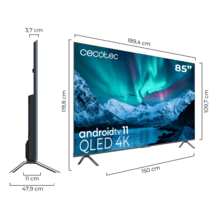 TV QLED V3+ series VQU30085+ M Televisión QLED de gran pulgada con 85" resolución 4K UHD y Android TV 11, Full Array Local Dimming, 120 Hz, Altavoces con 60W, Dolby Vision & Atmos, Wide Colour Gammut, HDR10, HDM 2.1, USB 3.0, CORTEX A55, Google Voice Assitant y Chromecast.