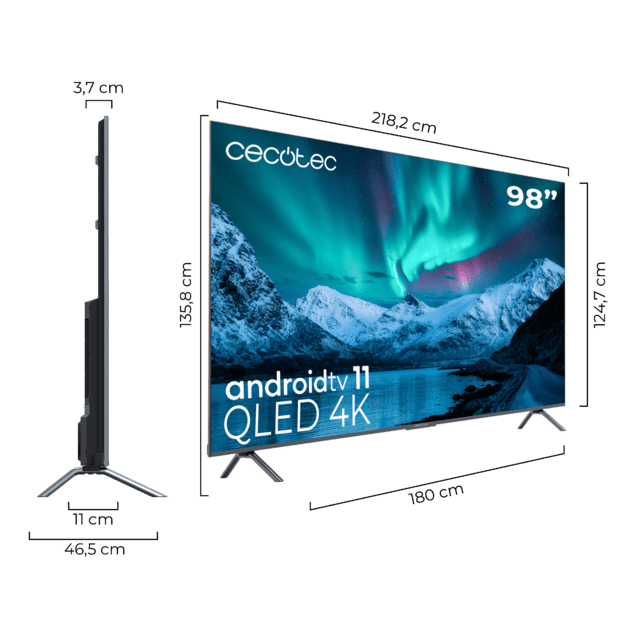 TV QLED V3+ Series VQU30098+ TV QLED de 98", grandes dimensões, resolução 4K UHD, Android TV 11, Full Array Local Dimming, 120 Hz, Altifalantes com 60 W, Dolby Vision & Atmos, Wide Colour Gamut, HDR10, HDM 2.1, USB 3.0, CORTEX A55, Google Voice Assistant e Chromecast.