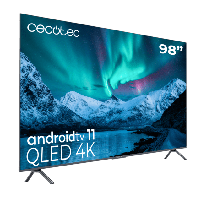 TV QLED V3+ Series VQU30098+ TV QLED de 98", grandes dimensões, resolução 4K UHD, Android TV 11, Full Array Local Dimming, 120 Hz, Altifalantes com 60 W, Dolby Vision & Atmos, Wide Colour Gamut, HDR10, HDM 2.1, USB 3.0, CORTEX A55, Google Voice Assistant e Chromecast.