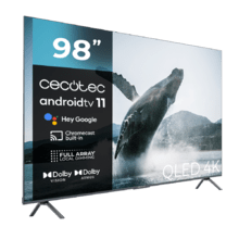 TV QLED V3+ Series VQU30098+S TV QLED de 98", grandes dimensões, resolução 4K UHD, Android TV 11, Full Array Local Dimming, 120 Hz, Altifalantes com 60 W, Dolby Vision & Atmos, Wide Colour Gamut, HDR10, HDM 2.1 48 GB, USB 3.0, CORTEX A55, Google Voice Assistant e Chromecast.