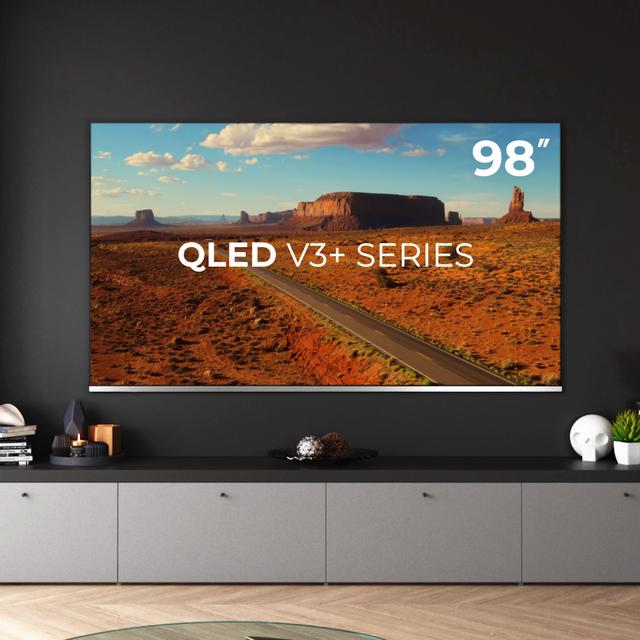 TV QLED V3+ series VQU30098+S Televisión QLED de gran pulgada con 98" resolución 4K UHD y Android TV 11, Full Array Local Dimming, 120 Hz, Altavoces con 60W, Dolby Vision & Atmos, Wide Colour Gammut, HDR10, HDM 2.1, USB 3.0, CORTEX A55, Google Voice Assitant y Chromecast.