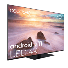 TV LED de 70" com resolução 4K UHD, sistema operativo Android TV 11, Chromecast, HDR10+, Google Voice Assistant, Classe E, com suporte central.