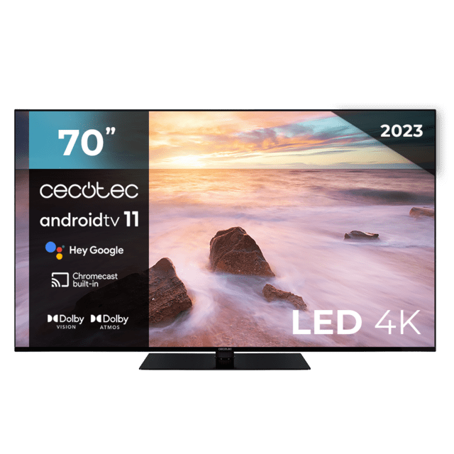 TV LED de 70" com resolução 4K UHD, sistema operativo Android TV 11, Chromecast, HDR10+, Google Voice Assistant, Classe E, com suporte central.