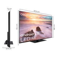 Televisión LED 70” con resolución 4K UHD, sistema operativo Android TV 11, Chromecast, HDR10+, Google Voice Assistant, clase F, con peana central.