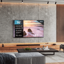 TV LED de 70" com resolução 4K UHD, sistema operativo Android TV 11, Chromecast, HDR10+, Google Voice Assistant, Classe E, com suporte central.