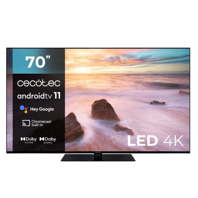 Televisión LED 70” con resolución 4K UHD, sistema operativo Android TV 11, Chromecast, HDR10+, Google Voice Assistant, clase F, con peana central.