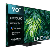 TV série A2Z ALU20070ZS Televisor LED de 70” com resolução 4K UHD, sistema operativo Android TV 11, Chromecast, HDR10+, Google Voice Assistant, classe F, com base central.