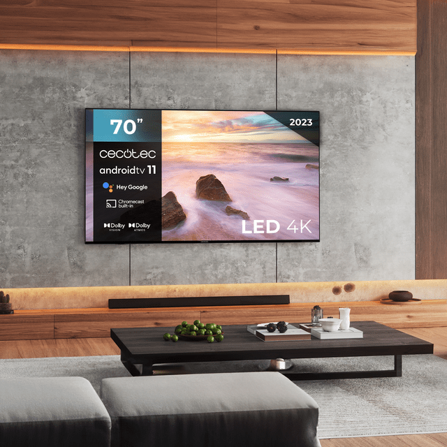 TV série A2Z ALU20070ZS Televisor LED de 70” com resolução 4K UHD, sistema operativo Android TV 11, Chromecast, HDR10+, Google Voice Assistant, classe F, com base central.