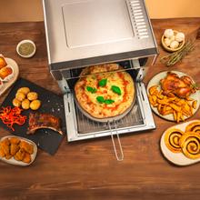 Four à air chaud connecté Bake&Fry 3000 Touch Steel avec écran tactile couleur, connectivité, capacité de 30 litres, puissance de 1700 W. 10 modes de cuisson. Comprend une plaque de friture, une plaque de cuisson, une grille, un bac récupérateur de graisse amovible, une rôtissoire avec poignée, un moule à pâtisserie, une pince pour retirer les plaques et une sonde de température.