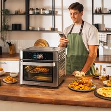 Four à air chaud connecté Bake&Fry 3000 Touch Steel avec écran tactile couleur, connectivité, capacité de 30 litres, puissance de 1700 W. 10 modes de cuisson. Comprend une plaque de friture, une plaque de cuisson, une grille, un bac récupérateur de graisse amovible, une rôtissoire avec poignée, un moule à pâtisserie, une pince pour retirer les plaques et une sonde de température.