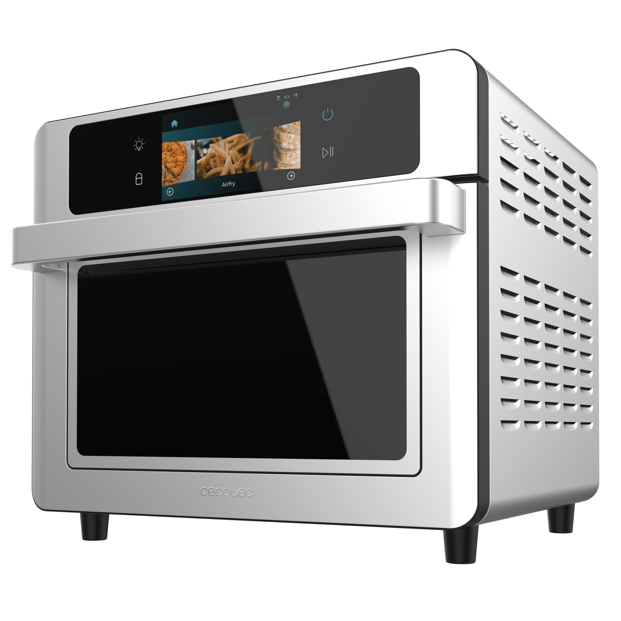 Bake&Fry 3000 Touch Steel Connected Horno freidora de aire caliente con pantalla a color táctil, conectividad, 30 litros de capacidad, 1700 W de potencia. 10 modos de cocción. Incluye bandeja para freír, bandeja para hornear, rejilla para horno, bandeja recogegrasas desmontable, rustidor y mango, molde, pinzas para extraer bandejas y sonda de temperatura.