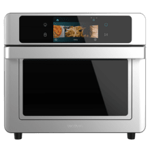 Four à air chaud connecté Bake&Fry 3000 Touch Steel avec écran tactile couleur, connectivité, capacité de 30 litres, puissance de 1700 W. 10 modes de cuisson. Comprend une plaque de friture, une plaque de cuisson, une grille, un bac récupérateur de graisse amovible, une rôtissoire avec poignée, un moule à pâtisserie, une pince pour retirer les plaques et une sonde de température.