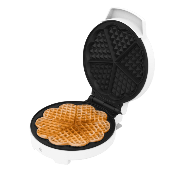 Divertida Wafflestone Round Waffle Maker com acabamentos em aço inoxidável e 1000 W de potência, ideal para cozinhar um waffle grande ou 5 waffles em forma de coração.