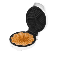 Divertida Wafflestone Round Waffle Maker com acabamentos em aço inoxidável e 1000 W de potência, ideal para cozinhar um waffle grande ou 5 waffles em forma de coração.