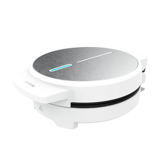 Divertida Wafflestone Round Waffle Maker com acabamentos em aço inoxidável e 1000 W de potência, ideal para cozinhar um waffle grande ou 5 waffles em forma de coração.