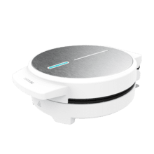 Divertida Wafflestone Round Waffle Maker com acabamentos em aço inoxidável e 1000 W de potência, ideal para cozinhar um waffle grande ou 5 waffles em forma de coração.