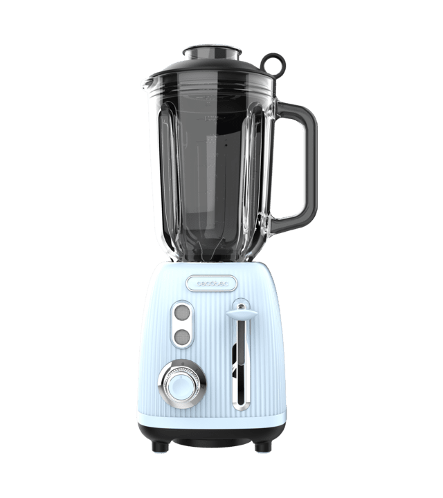 Power Black Titanium RetroBlue Mixeur-blender rétro d'une puissance maximale de 1200 W, avec 4 lames revêtues en titane noir et un bol d'une capacité de 1,5 L.