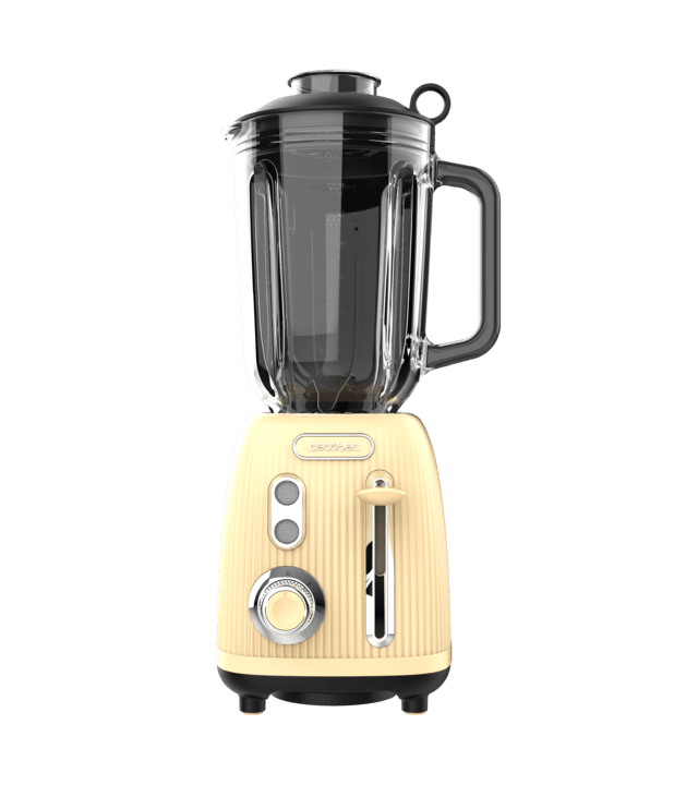 Power Black Titanium RetroYellow Mixeur-blender rétro d'une puissance maximale de 1200 W, avec 4 lames revêtues en titane noir et un bol d'une capacité de 1,5 L.