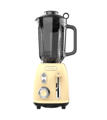 Power Black Titanium RetroYellow Mixeur-blender rétro d'une puissance maximale de 1200 W, avec 4 lames revêtues en titane noir et un bol d'une capacité de 1,5 L.