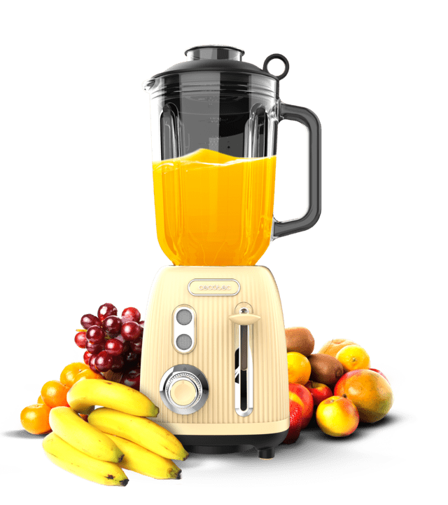 Power Black Titanium RetroYellow Retro-Glasmixer mit 1200 W maximaler Leistung, 4-Blätter-Klinge mit schwarzer Titanbeschichtung und 1,5-Liter-Behälter.