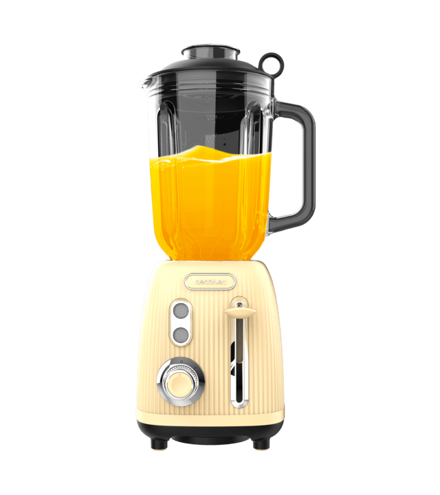 Power Black Titanium RetroYellow Mixeur-blender rétro d'une puissance maximale de 1200 W, avec 4 lames revêtues en titane noir et un bol d'une capacité de 1,5 L.