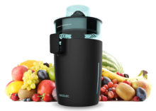 Zitrus TowerAdjust Easy Black 800 Inox Presse-agrumes colonne électrique de 800 W avec deux cônes démontables, régulateur de pulpe, filtre en acier inoxydable et bec antigouttes.