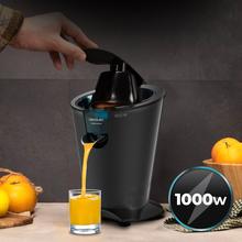 EssentialVita PowerFresh 1000 Black Elektrischer Arm-Entsafter mit 1000 W, Gehäuse und Filter aus Edelstahl, Soft Touch und zwei abnehmbaren Kegeln.