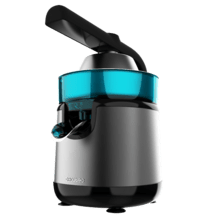 EssentialVita Hyden 120 Hybrid Spremiagrumi elettrico a leva in acciaio inossidabile con potenza di 120 W e due coni spremitori in plastica rimovibili di diverse dimensioni. Manico e tappo in plastica con capacità da 250 ml.